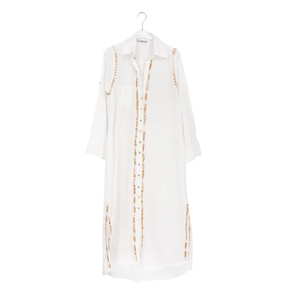 SUBTLE LUXURY | Maxi Button Down Boyfriend Kaftan Dress with Embroidery | Sz S/M - Picture 2 of 14